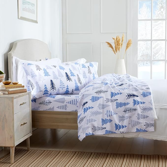 Market & Place 100% Turkish Cotton Flannel Sheet Set | 4 Piece Deep Pocket Novelty Cozy Winter Bed Sheets | Double Brushed for Extra Softness & Comfort | Alpine Collection (Full, Blue Forest)
