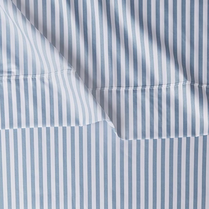 Amazon Basics Lightweight Super Soft Easy Care Microfiber 4 Piece Bed Sheet Set With 14-inch Deep Pockets - Queen, Dusty Blue Pinstripe,Printed