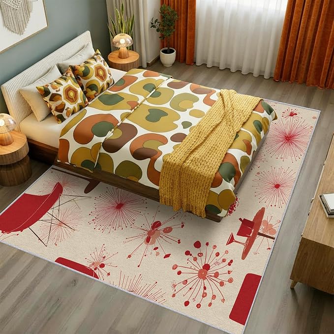 50s Retro Rug 3x5 60s 70s Mid Century Modern Pattern Area Rugs for Living Room, Bedroom, 50s Retro Home Decor Accessories Indoor Carpet, Non Slip & Machine Washable