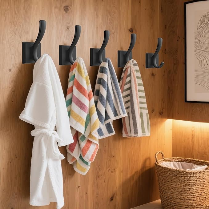TOFIIGREM Black Coat Hooks for Wall Hanging, Bath Robe Hook Heavy Duty Thick Towel Hooks, Wall Mount Hooks Bathroom Entryway Mudroom Hooks for Hanging Coats Key Robe Hat Backpack (12 Pack, Black)