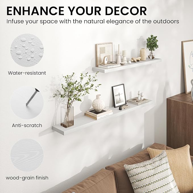 Heimlove 55 Inch Floating Shelves for Wall,Extra Long Mounted Storage wall Shelves with Invisible Metal Bracket for Bedroom Living Room Kitchen Office Set of 2,White
