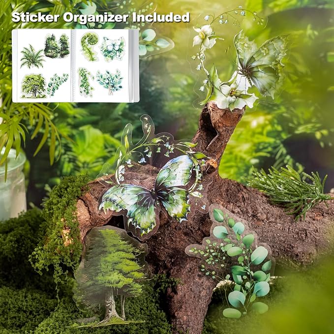 MiyouLuna 120Pcs Forest PET Scrapbook Stickers Botanical Designs for Scrapbooking Waterproof Journaling Supplies Junk Journal Ephemera with Storage Organizer