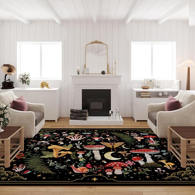 Mushroom Moth Area Rugs for Living Room Dining Room Bedroom Farmhouse, 8'x10' Non-Slip Machine Washable Black Living Room Rug Carpet, Witchy Decor Aesthetic
