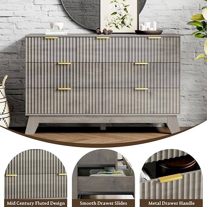 HUANLEGO Fluted Dresser for Bedroom with 7 Drawer, Mid Century Modern Chest of Drawers, 48" Wide Natural Wood Dresser for Closet, Wooden Boho Chest Closet Storage TV Stand for Bedroom, Grey