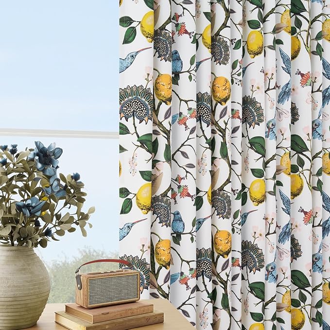 Curtains for Bedroom,Blue and White Hummingbird Floral Patterned Curtains 96 Inch Length for Living Room，Vintage Luxury Whimsical Floral Lemon Leaf Pinch Pleated Drapes，2 Panels