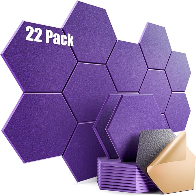 22 Pack Self-Adhesive Acoustic Panels 12" X 10" X 0.4" - Sound Proof Foam Panels with High Density, Hexagonal Design, Flame Resistant, Absorb Noise and Eliminate Echoes(Purple)