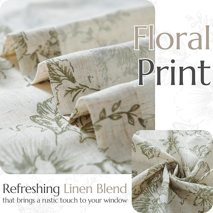 jinachan Pinch Pleated Curtains Floral Linen Blend Curtains for Living Room 90 Inches Length Christmas Green Peony Flower Printed Curtain Rod Pocket Back Tab Farmhouse Drapes with Hooks Set 2 Panels