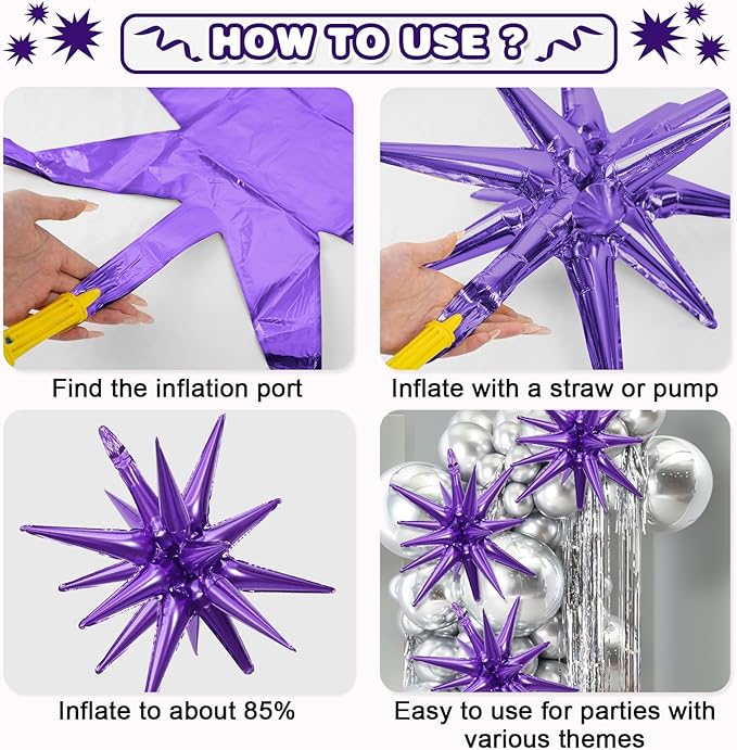 Black Purple Star Balloons,9Pcs 22Inch Black Purple Explosion Spike Cone Helium Polyester Film Star Foil Balloons for Birthday Halloween Anniversary Baby Shower Party Decorations