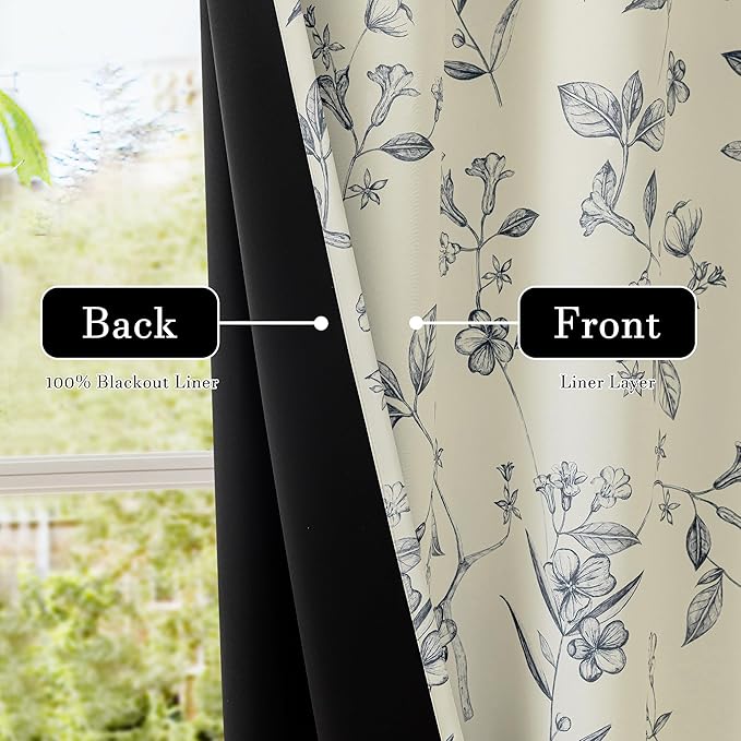 ChrisDowa Beige 100% Blackout Curtains 96 Inches Long 2 Panels for Bedroom Living Room Navy Blue Flower Patterned Room Darkening Thermal Insulated Soundproof Grommet Window Treatments Drapes,52X96