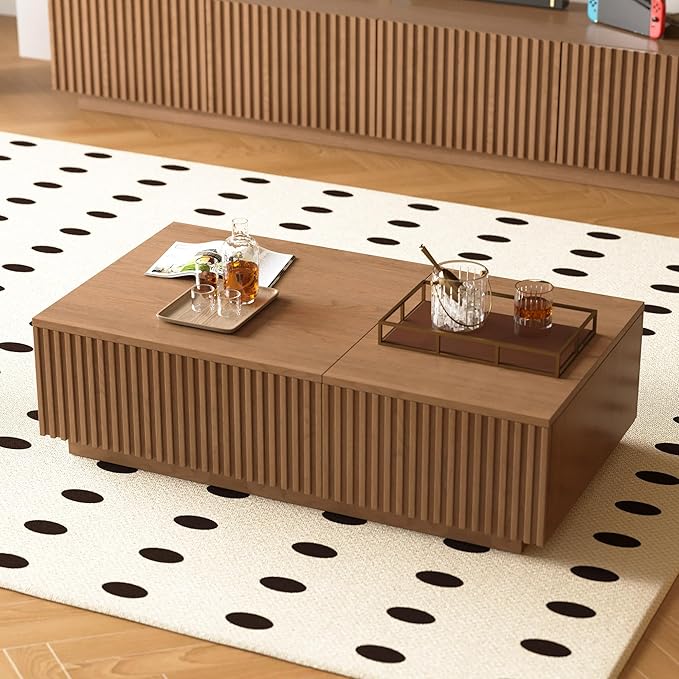 NessCarsti 51.1" Mid-Century Modern Lift Top Coffee Table, Walnut Rectangular Center Table with Hidden Storage & Drawers, for Living Room, Apartment, Office