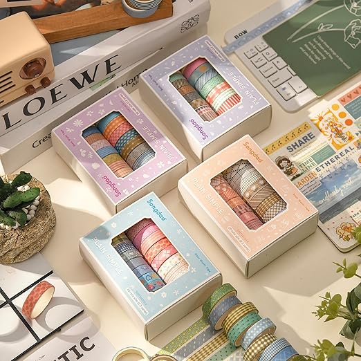 Songdao 20 Rolls Basic Washi Tape Set Japanese Arts Adhesive Tapes Simple Patterns Decorative Masking Tape Sets for Craft, Kids, Scrapbook, DIY, Gift Wrapping (Style Three)