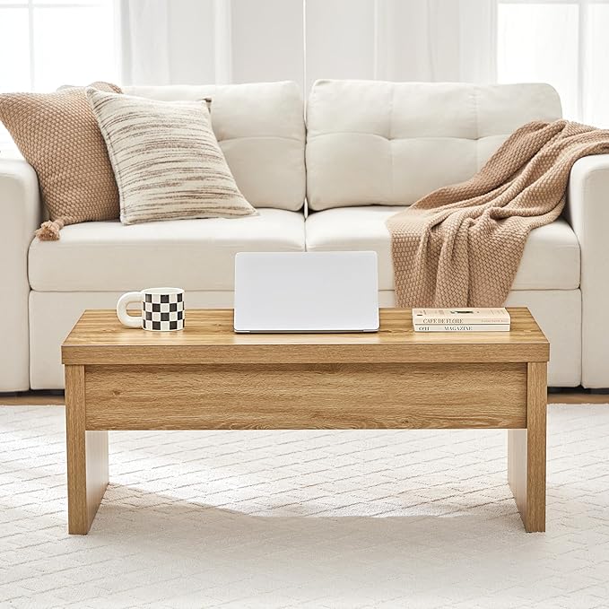 Small Lift Top Coffee Table, Wood Rectangle Coffee Table with Lifting Top and Hidden Storage Compartment, Mid Century Modern Center Tables for Small Space, Living Room, Office (Natural)