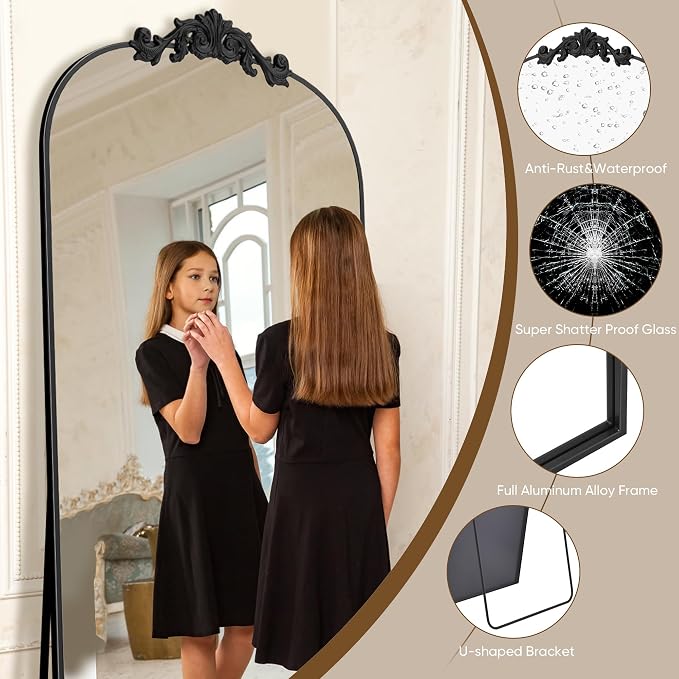 Antok Arched Full Length Mirror, 71"x32" Floor Mirror with Carved, Full Body Mirrors for HomeDecor, Standing/Halling Large Wall Mirror for Bedroom, Living Room, Cloakroom, Black, Retro Style