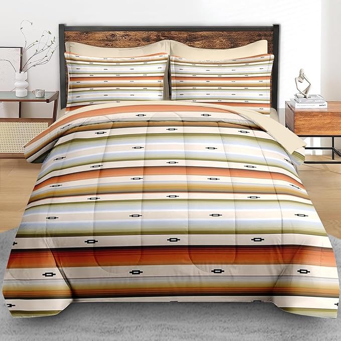 Comforter Set Twin Size, Geometric Tribal Striped 5 Pcs Bedding for Kids and Adults, Boho Modern Colorful Bed Sheet Sets with Fitted Sheet Pillowcase & Sham for Bedroom Bed Decor