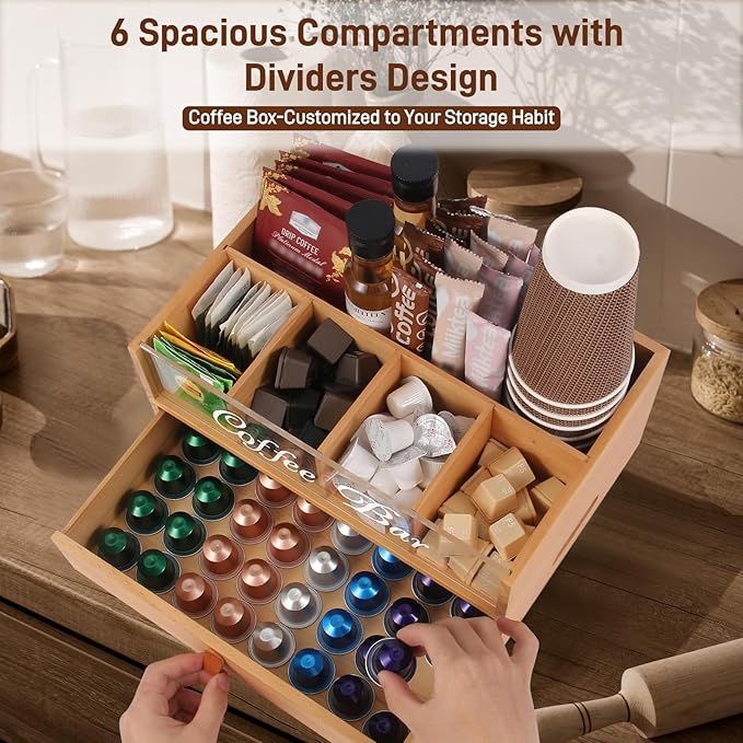 Intarsio 2-Tier Coffee Bar Organizer with Clear Acrylic Top, Built-in Drawer and Leather Handle Pull for Countertop, Stylish Coffee Station Storage Box for Accessories, Pods, Great Gifts for Home
