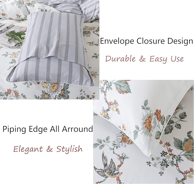 FADFAY Duvet Cover Set Queen Elegant Floral Bedding Shabby Beige Bird Print Flower Quilt Cover Set Vintage Farmhouse Bedding 100% Cotton Soft Comforter Cover Set with Zipper Closure 3Pcs, Queen Size