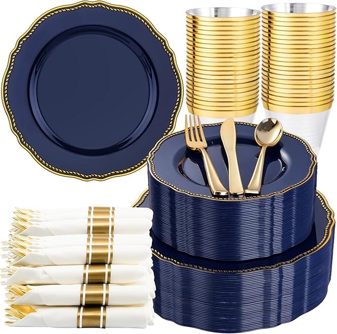 Hioasis 350pcs Blue and gold Plastic Plates - Blue Plastic Dinnerware Set Includes 50 Dinner Plates, 50 Dessert Dinnerware, 50 Cups, 50 Rolled Napkin Cutlery Perfect for Wedding & Christmas