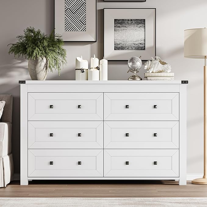 BORNOON 6-Drawer Dresser, Modern Wooden Storage Chest of Drawers, Dresser TV Stand, Wood Drawer Organizer with Metal Handles for Bedroom, Living Room, Hallway