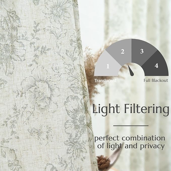 jinachan Linen Floral Curtains 100 Inch Extra Wide for Patio Sliding Glass Door Room Divider Curtain for Living Room 96 Inch Length Farmhouse Peony Christmas Green Printed Curtain Set 1 Panel