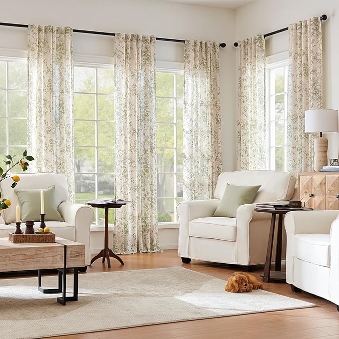 jinachan Linen Blend Floral Curtains for Living Room 84 Inch Length Christmas Sage Green Printed Curtain Rod Pocket Back Tab Farmhouse Peony Flower Patterned Drapes Bedroom Curtains Set 2 Panels