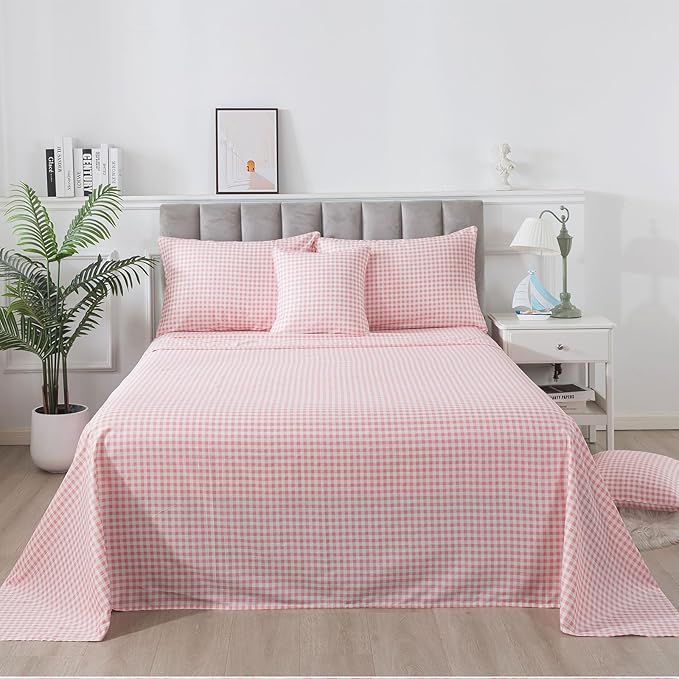 FADFAY Pink Plaid Cal King Size Sheets 100% Cotton Geometric Checker Bedding Teens Grid White Gingham Pattern College Bedding Deep Pocket Sheets with 2 Pillowcases Ultra Soft 4 pcs, Cal King Size