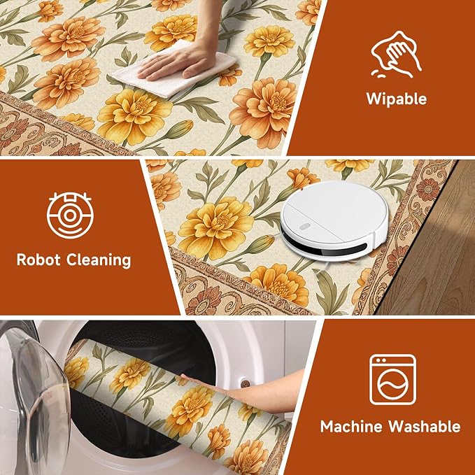 Marigold Floral Area Rug Vintage Boho Rug Bordered Non-Slip Washable Floor Mat for Entryway Bedroom Living Room Nursery Kitchen Playroom Home Decor,3'x5'