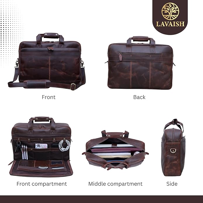 LAVAISH Handmade Full-Grain Leather Briefcase for Men & Women–17" Laptop Bag with Computer Compartment Office Satchel Bag