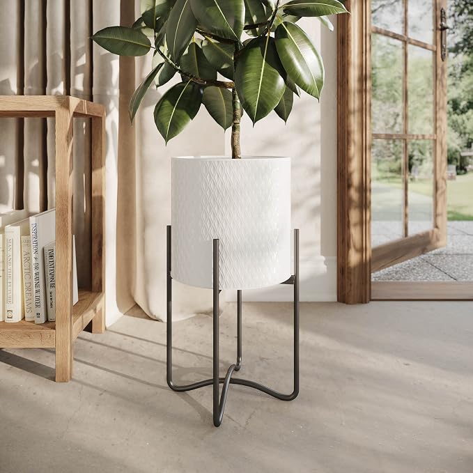 EverNest Claire Mid-Century Modern White Plant Pot with Ambrose Stand, SelectBase, Indoor Plant Pot, Bohemian Style, Minimalist Plant Home Décor (Small, Black)