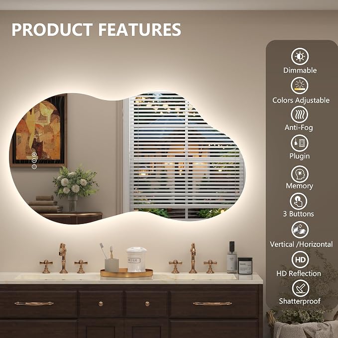 40x24 Inch Irregular Cloud LED Bathroom Mirror, Asymmetrical Backlit Bathroom Vanity Mirror, Anti-Fog, Dimmable, 3 Colors, Memory, Shatterproof (Horizontal/Vertical)