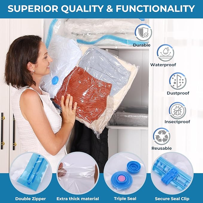 Vacuum Bags for Travel with Portable Electric Pump, 16 Pack Vacuum Seal Bags for Luggage and Suitcase Compression, Space Saver Vacuum Storage Bags for Clothes and Clothing Travel