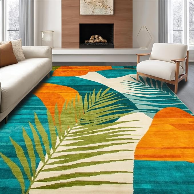 Flatwoven High Traffic Area Rug 8x10, Colorful Abstract Tropical Rug, Non Slip, Stain Resistant, Washable Area Rugs for Living Room, Bedroom (Turquoise, 8x10)