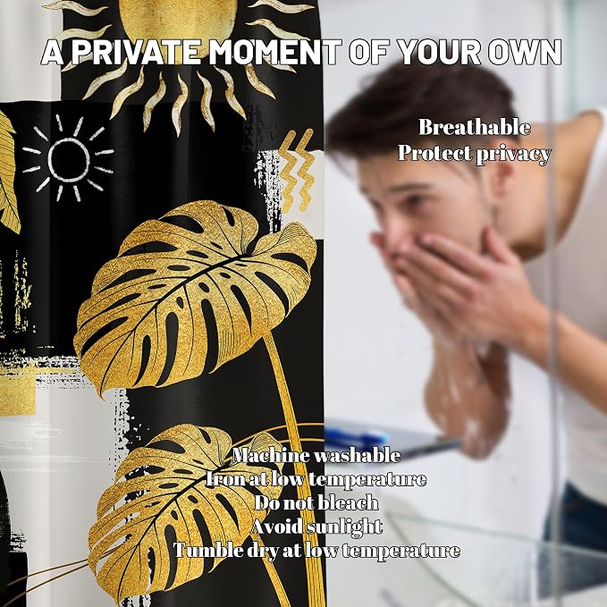 Black and Gold Mid Century Modern Shower Curtain Bohemian Abstract Dark Mens Shower Curtains for Bathroom Decor Sets, Waterproof Cloth Fabric with Hooks, 70x78 Inch