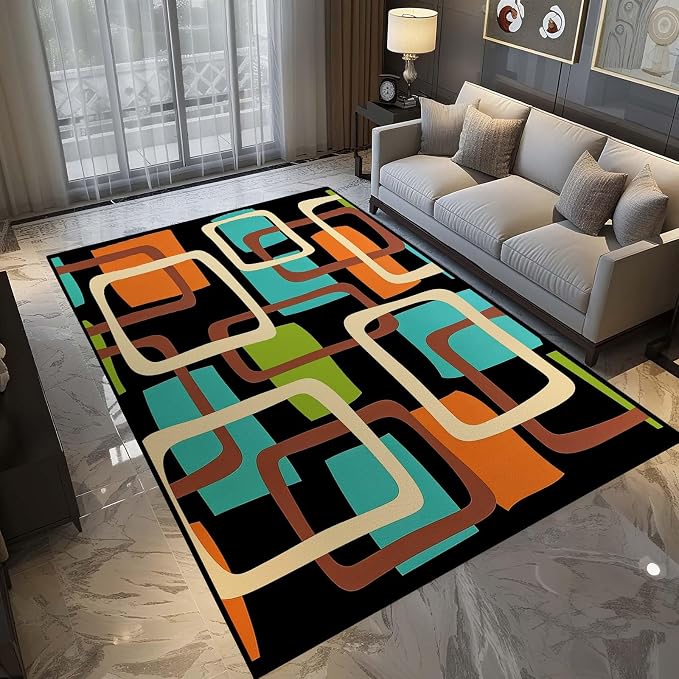 Mid Century Modern Rug, Colorful Abstract Geometric Area Rug, Retro Atomic Starburst Rugs, Washable Non-Slip Soft Low Pile 1950s Carpet for Living Room, Bedroom (6' x 8'(Rectangular))