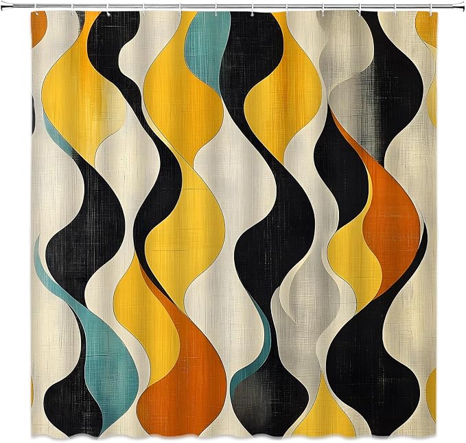 Mid Century Shower Curtain Boho Minimalist Modern Abstract Aesthetic Geometric Striped Atomic Retro Earthy Fabric Bathroom Decor Set with Hooks(70" Wx78 H)