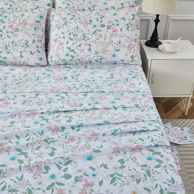 FADFAY Twin Extro Long Size Sheets Set 100% Cotton Vintage Floral Shabby Flowers & Leaves Pattern Farmhouse Bedding Set Deep Pocket Sheets with 2 Pillowcases Breathable Soft 4Pcs, Twin XL