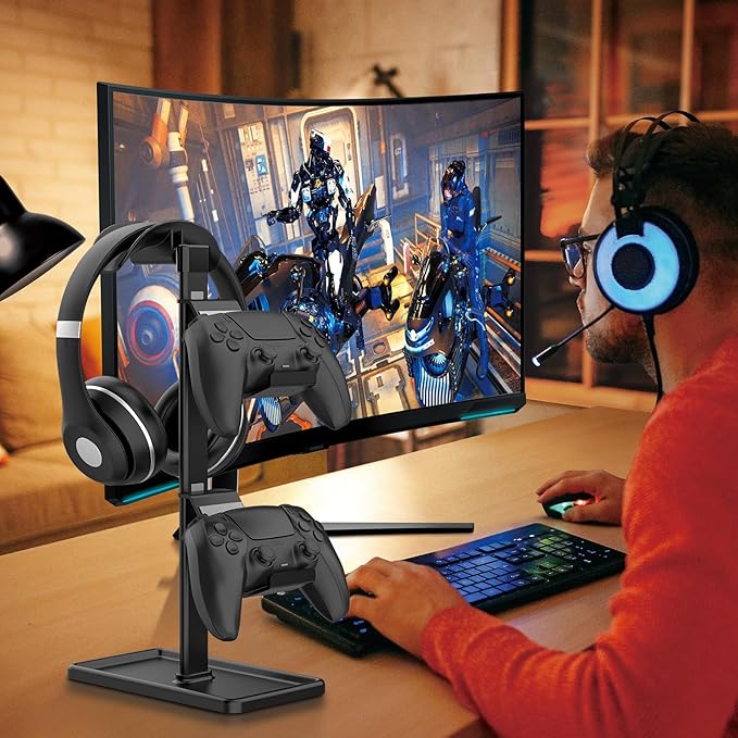 SHUOSUO Controller Holder, Headphone Stand, Gaming Controller Stand for Xbox PS5 PS4 Switch, Headset Holder with Storage Organizer, Universal Desk Game Accessories (Black)