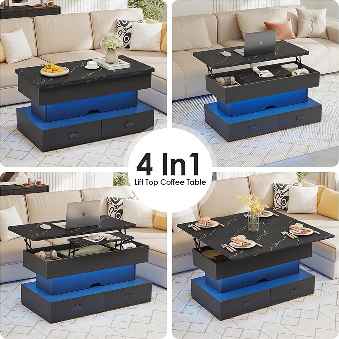Turosur 40" Lift Top Coffee Table, LED Coffee Tables with Storage and 4 Drawers, Coffee Table with Lifting top for Living Room Home Office, Black