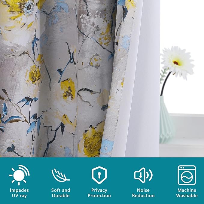 MYSKY HOME Floral Curtains 84 inches Length 2 Panels, Yellow and Grey Curtains for Living Room/Bedroom, Thermal Insulated Light Blocking Grommet VintageDrapes for Dining Room, 52 x 84 Inch,