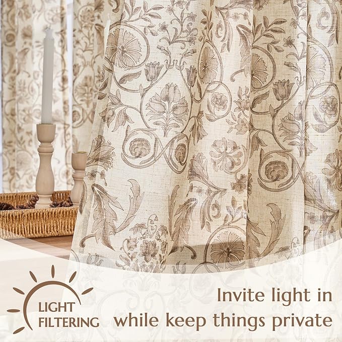 jinchan Linen Floral Curtains for Living Room with Printed Flower 96 Inches Long Light Filtering Farmhouse Window Treatment Vintage Drapes Back Tab Rod Pocket 2 Panels Taupe on Beige