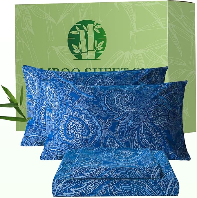 Bedlifes Extra Deep Pocket 18-24" King 4-Piece Sheet Set - Cooling Sheets Blend Rayon Derived from Bamboo Soft & Breathable,Featuring Paisley Dark Navy Blue
