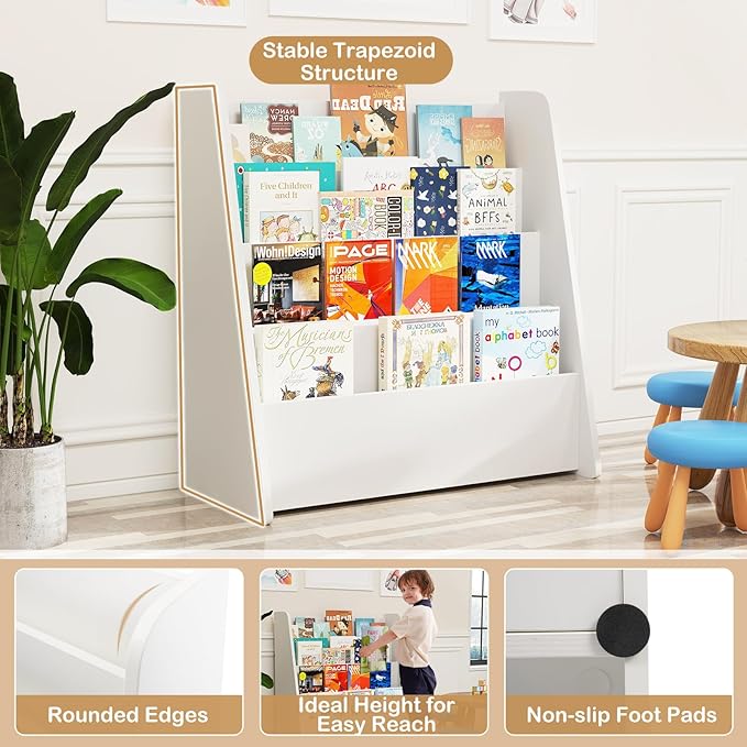 HONEY JOY Kids Bookshelf, 4-Tier Wooden Toddler Bookcase, Children Book Rack & Magazine Display Shelf, Toy Storage Organizer, Book Shelf for Kids Rooms, Playroom, Nursery, Classroom (White)