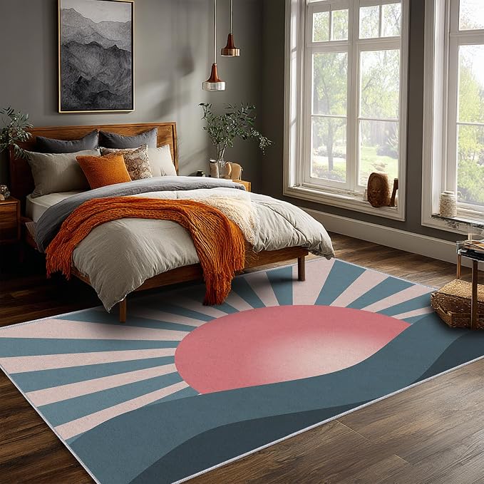 Boho Sun Rugs 5x7, Mid Century Modern Abstract Washable 5 x 7 Area Rug for Living Room, Bedroom, Low Pile Non Slip Stain Resistant Carpet, Mid Century Home Decor Accessories & M865