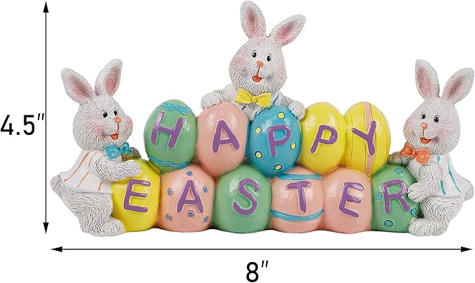DR.DUDU Easter Decorations Eggs Bunny, Hand-Painted Resin Tabletop Centerpiece, Decor Bunny Figurine for Home Room Table Office Party (Happy Easter)