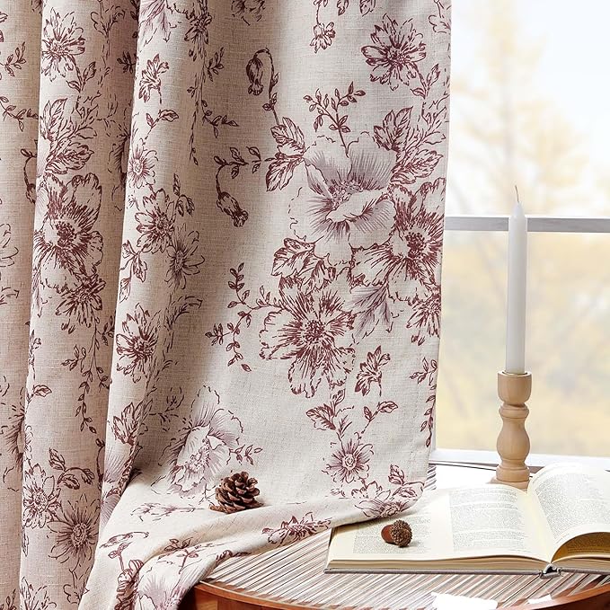 jinchan Blackout Floral Curtains Linen Blend Curtain for Living Room 84 Inch Length Christmas Brick Red Flower Printed Drapes for Bedroom Rod Pocket Back Tab Farmhouse Curtains Set 2 Panels