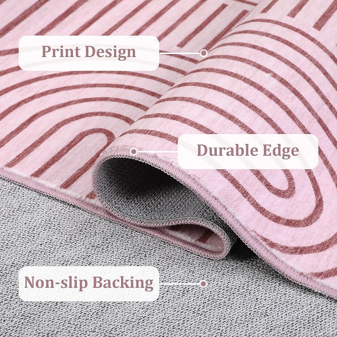 Washable 8x10 Pink Area Rug Modern Abstract Carpet Non Shedding Living Room Area Rug Soft Bedroom Rugs Stain Resistant Boho Rainbow Large Carpet for Girl Room Nursery Dining Room, Pink