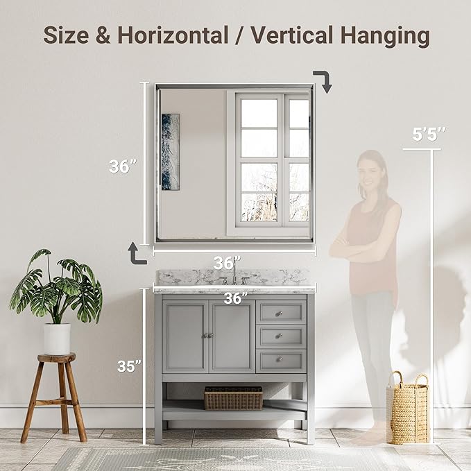 Silver Bathroom Mirror, 30x36 Inch Beveled Silver Vanity Mirror for Bathroom Wall, Silver Metal Framed Mirror Anti-Rust, Silver Rectangle Wall Mounted Mirror for Bathroom(Vertical/Horizontal)