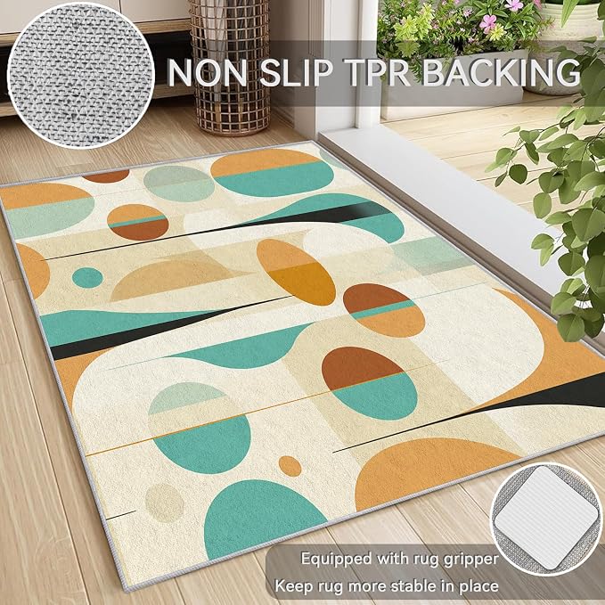 Retro Mid Century Rug 8x10, Washable Modern Geometric Rugs for Living Room Bedroom, Abstract Mid-Century Area Rug for Home Decor, Non Slip Backing Floor Carpet - 8 x 10 ft