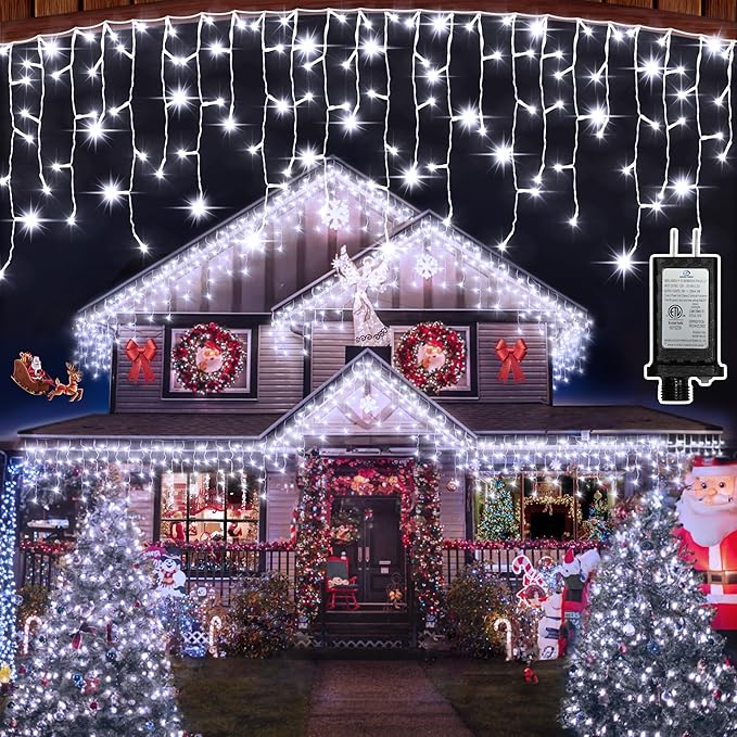 792 LED Christmas Outdoor Lights with 176 Drops, 82ft Hanging Curtain Lights 8 Modes, Christmas Fairy Lighs with Timer & Memory for House Roof Holiday Wedding Holiday Decor (Cool White)