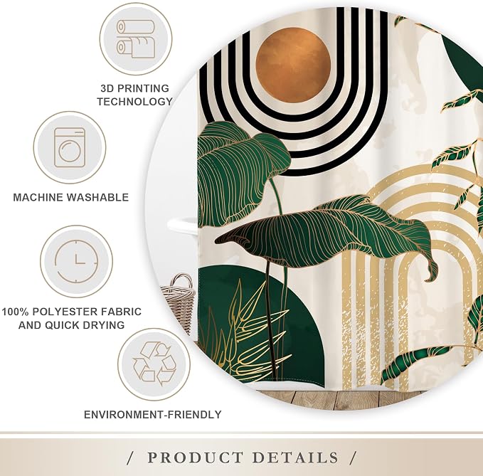 Glawry Green Boho Shower Curtain 60Wx72L Inches, Abstract Retro Mid Century Shower Curtains for Bathroom Decor,Minimalist Tropical Modern Shower Curtain Set Home Decor 12 Pack Hooks