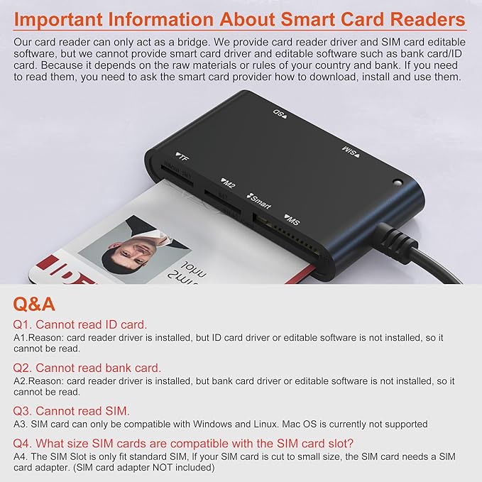 USB C/A SIM Card Adapter Smart Card Reader - 7 in 2 CAC Reader Military & MS Pro Duo/SD/TF/M2/ID/IC/PIV/SIM Card Reader, Memory Stick Pro Duo Adapter CAC Card Reader USB C for Windows, Linux, MacOS